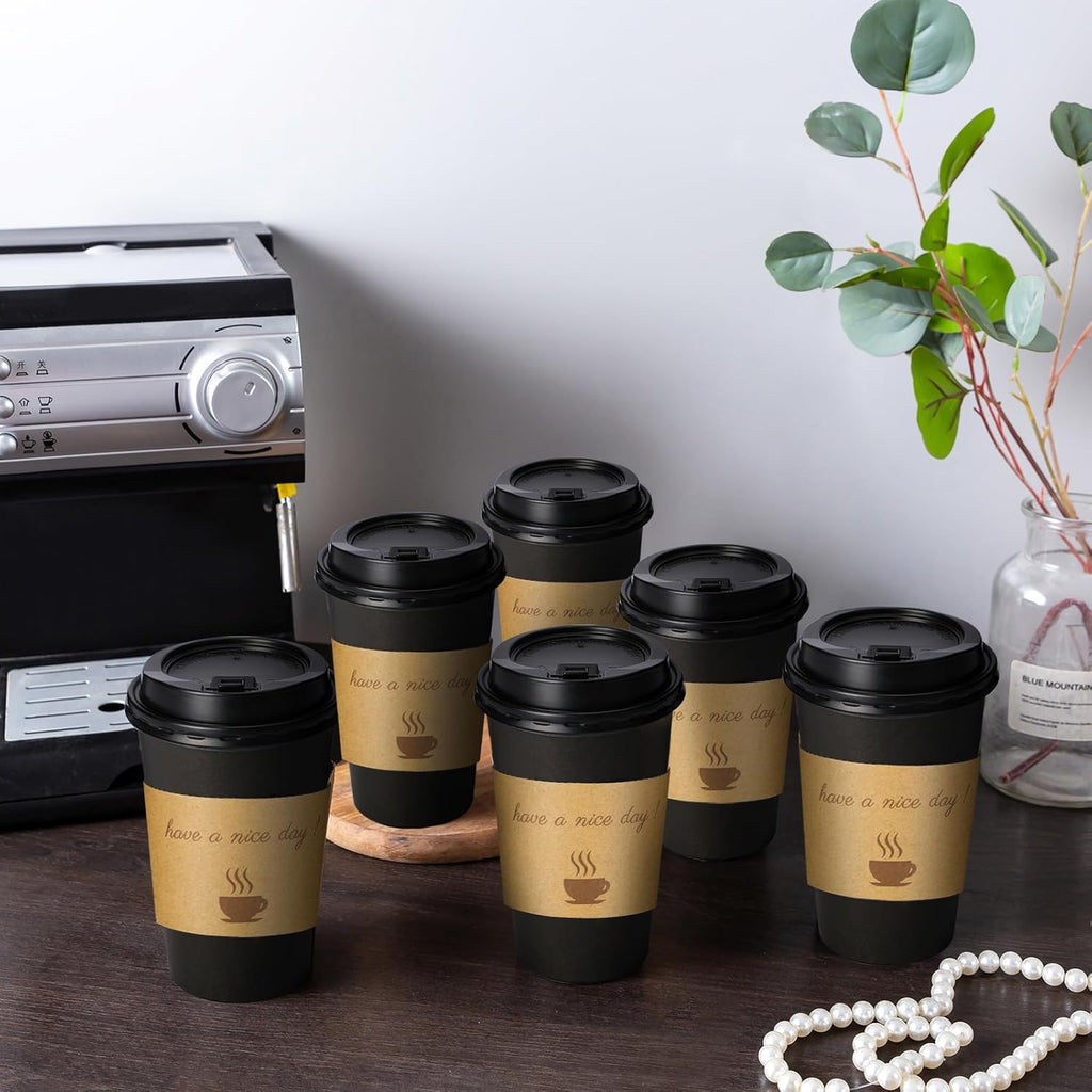 Lamosi Disposable Paper Cups with Lids 12/16 oz, To Go Hot Cups, Sleeve, Black 100 /500 Count Insulated
