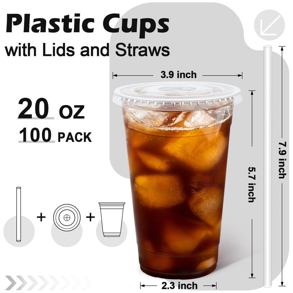 Lamosi 100 Pack 16 /20/24 oz Clear Plastic Cups with Lids and Straws, Disposable Plastic Coffee Cups with Lids for Iced Coffee, PET Food-Grade Material