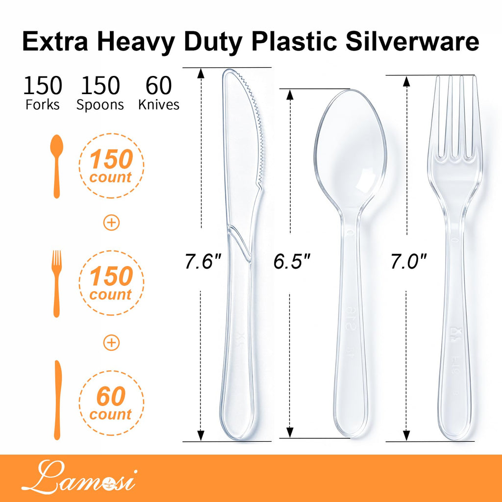 Lamosi 360 Count Extra Heavy Duty Plastic Silverware, Disposable Clear Plastic Utensils Set 150 Forks, 150 Spoons, 60 Knives , BPA-Free, Heat Resistant, Plastic Cutlery Set