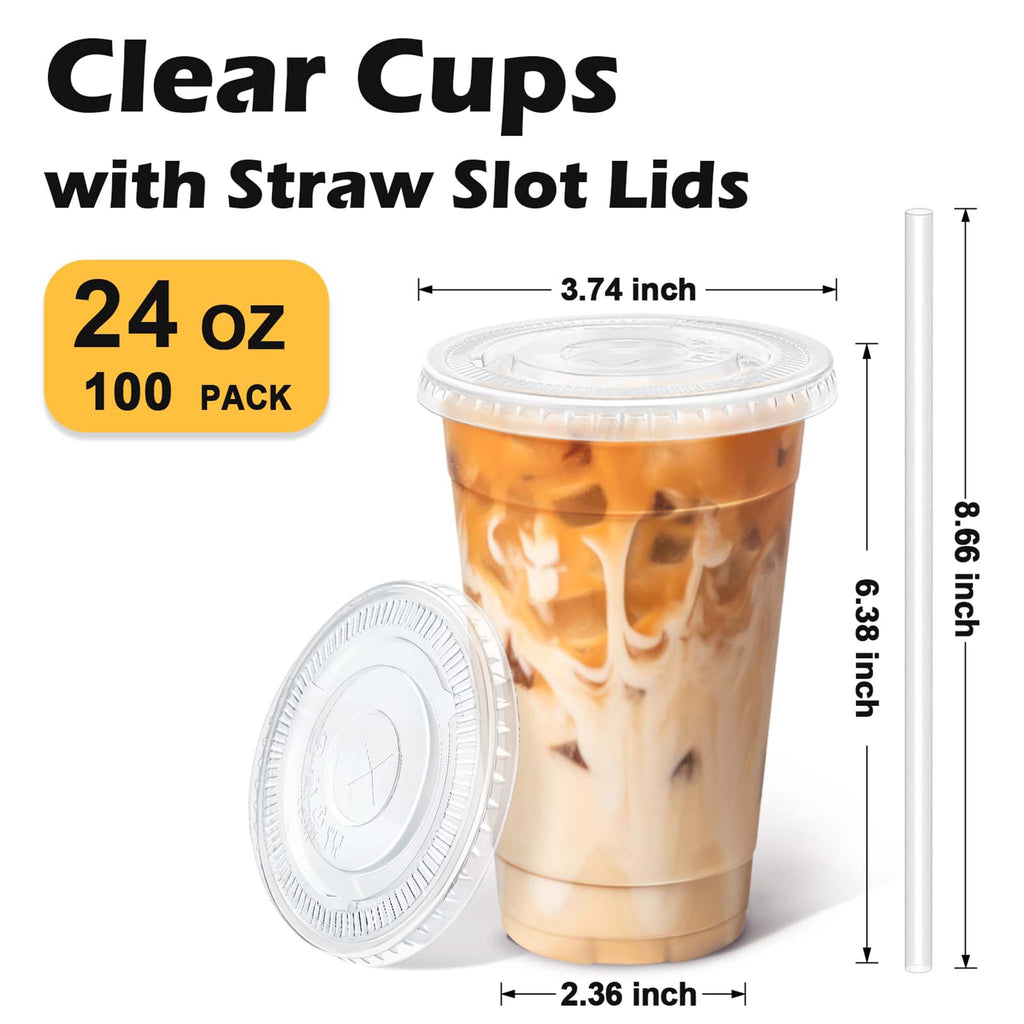 Lamosi 100 Pack 16 /20/24 oz Clear Plastic Cups with Lids and Straws, Disposable Plastic Coffee Cups with Lids for Iced Coffee, PET Food-Grade Material