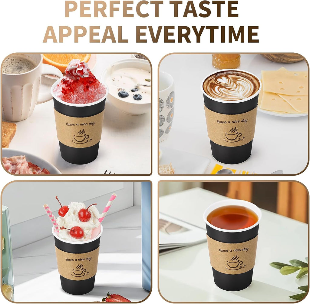 Lamosi Disposable Paper Cups with Lids 12/16 oz, To Go Hot Cups, Sleeve, Black 100 /500 Count Insulated