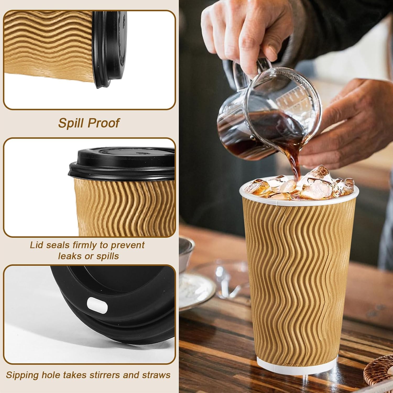 Lamosi Disposable Paper Cups with Lids 16 oz,Insulated to Go Cup,Ripple Double Wall,Brown 100 Count