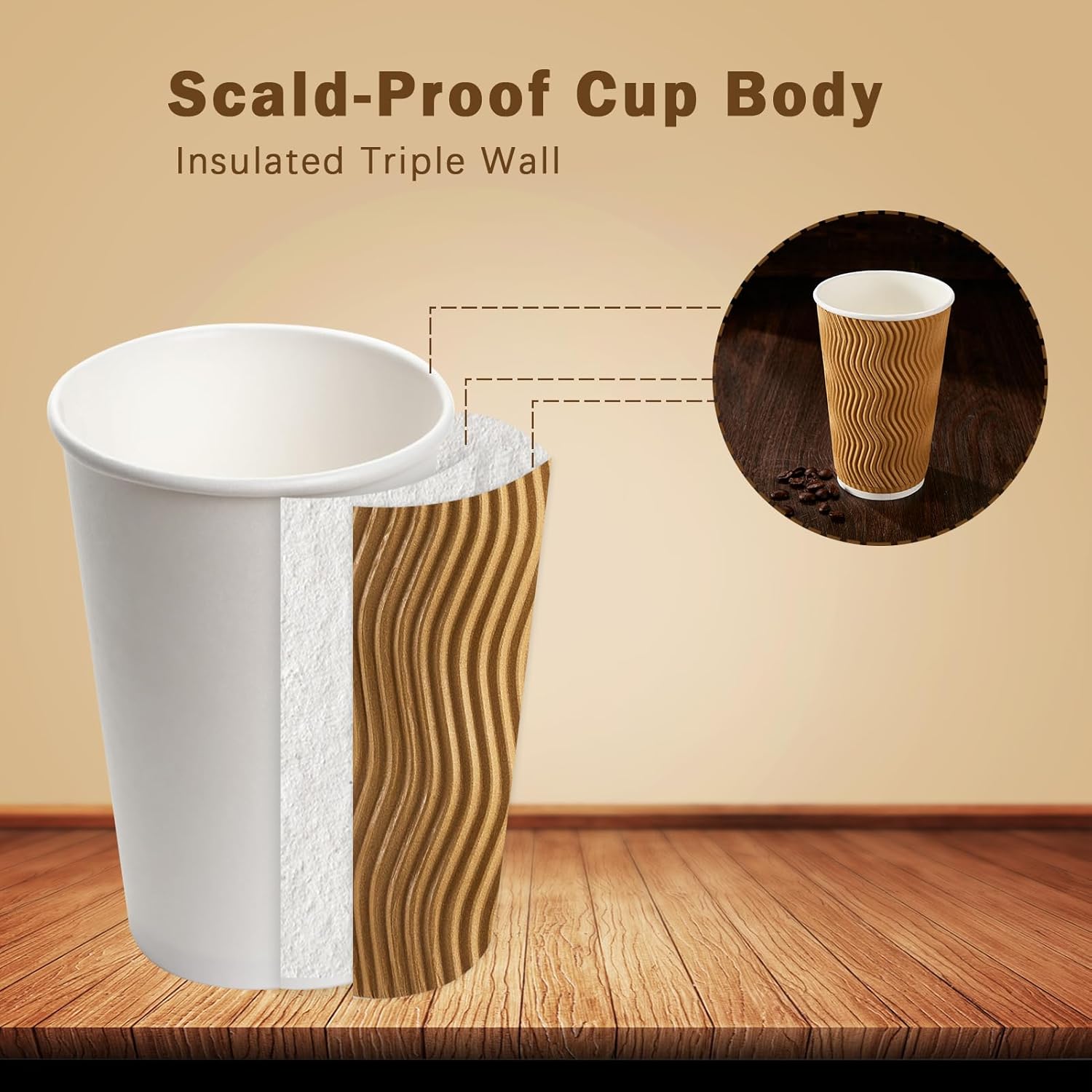 Lamosi Disposable Paper Cups with Lids 16 oz,Insulated to Go Cup,Ripple Double Wall,Brown 100 Count