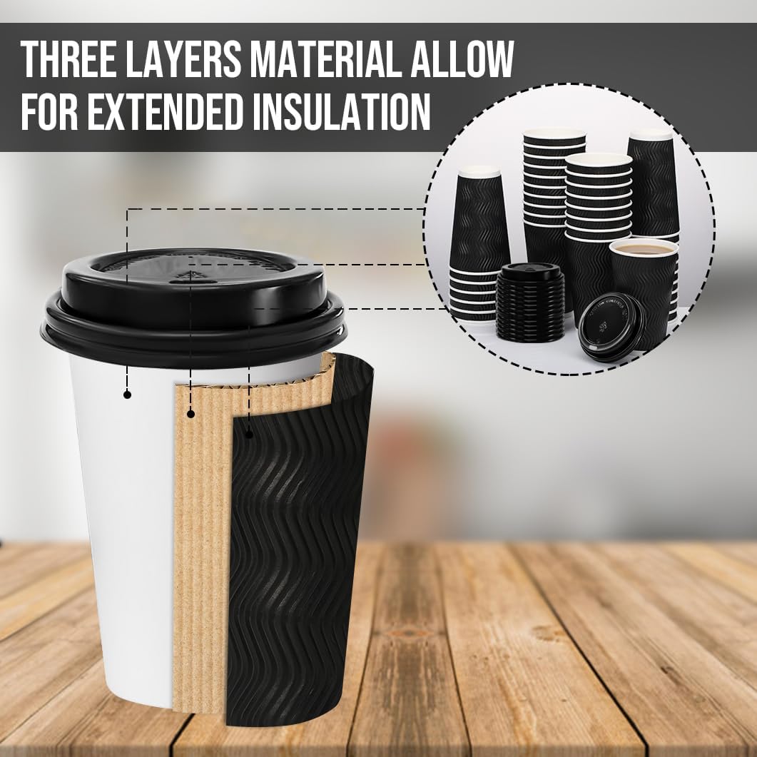Lamosi Disposable Paper Cups with Lids 16 oz,Insulated to Go Cup,Ripple Double Wall,Brown 100 Count