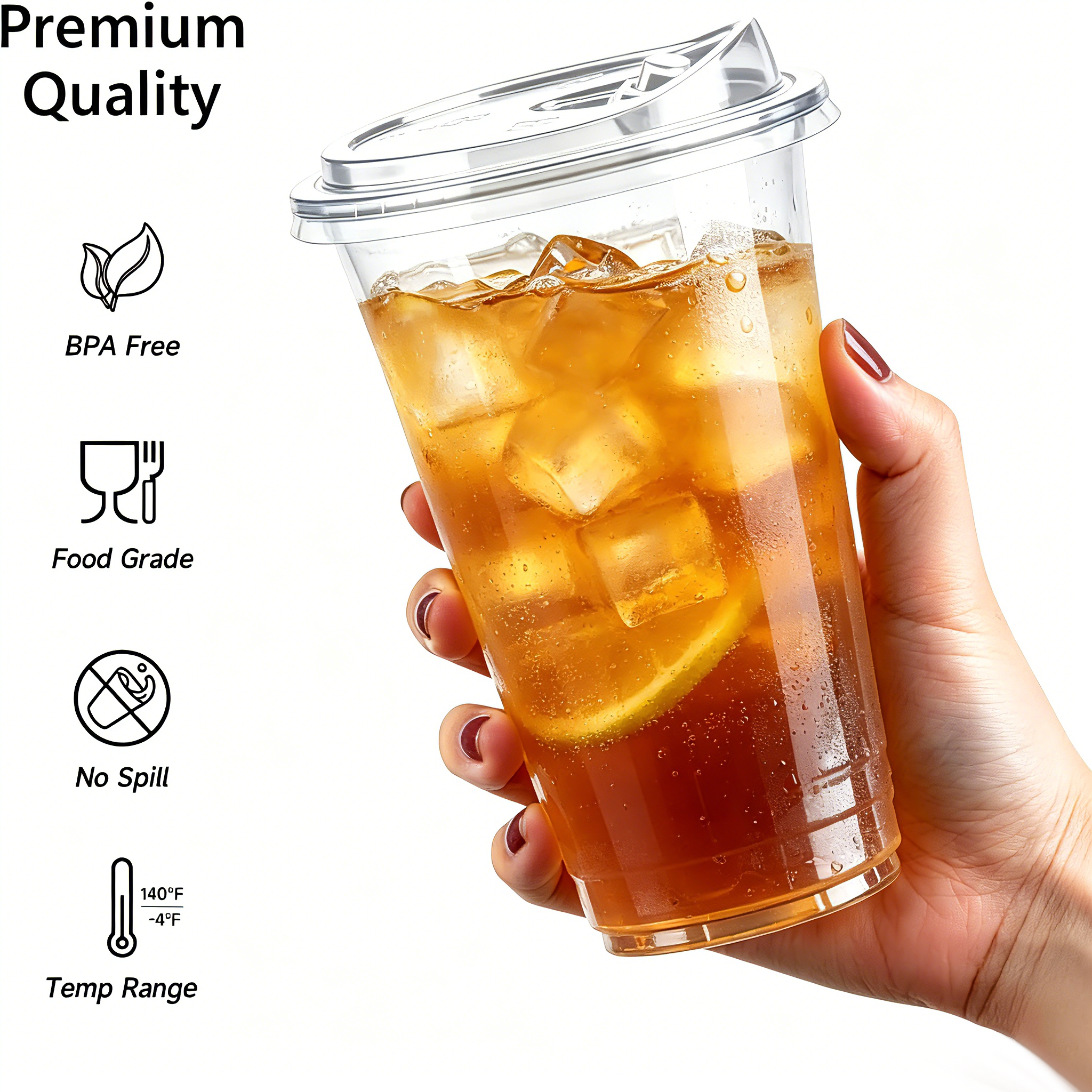 Lamosi 16/20/24oz Plastic Cups with Lids Disposable Clear Smooth Cups, 100 Count