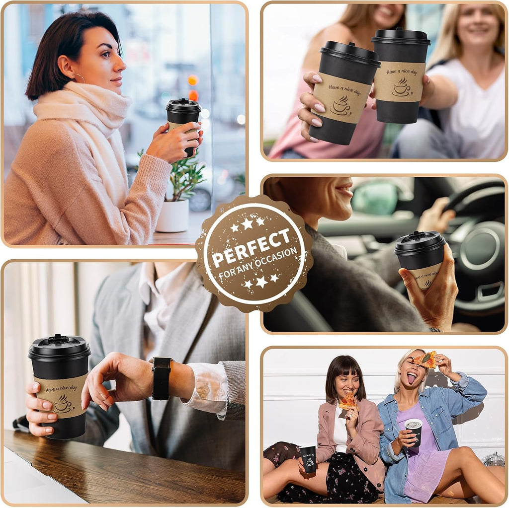 Lamosi Disposable Paper Cups with Lids 12/16 oz, To Go Hot Cups, Sleeve, Black 100 /500 Count Insulated