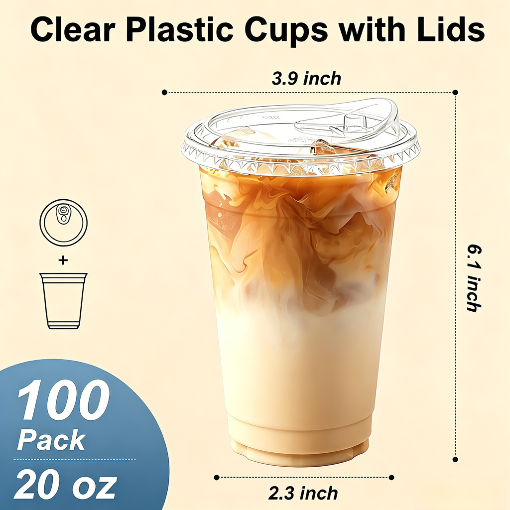Lamosi 16/20/24oz Plastic Cups with Lids Disposable Clear Smooth Cups, 100 Count