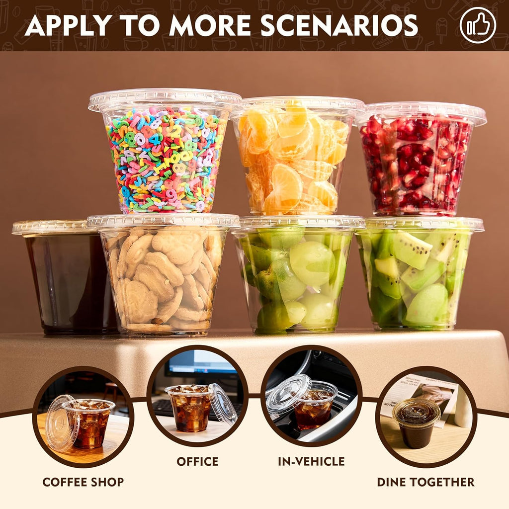 Lamosi 50/200 Pack 9oz Clear Plastic Cups with Dome Lids, Disposable Dessert Cups with Lids, Dessert Cups for Pudding