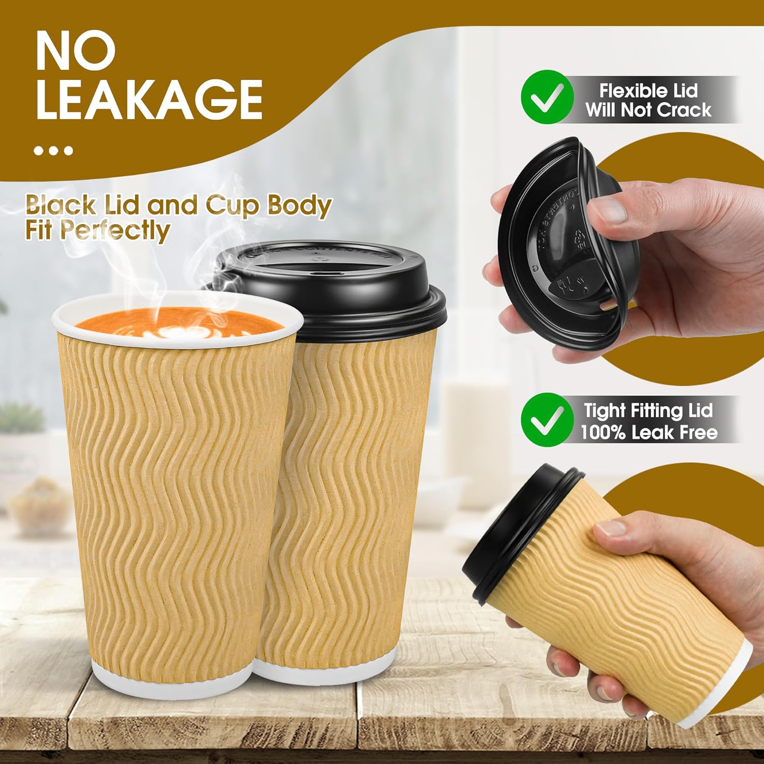 Lamosi Disposable Paper Cups with Lids 16 oz,Insulated to Go Cup,Ripple Double Wall,Brown 100 Count