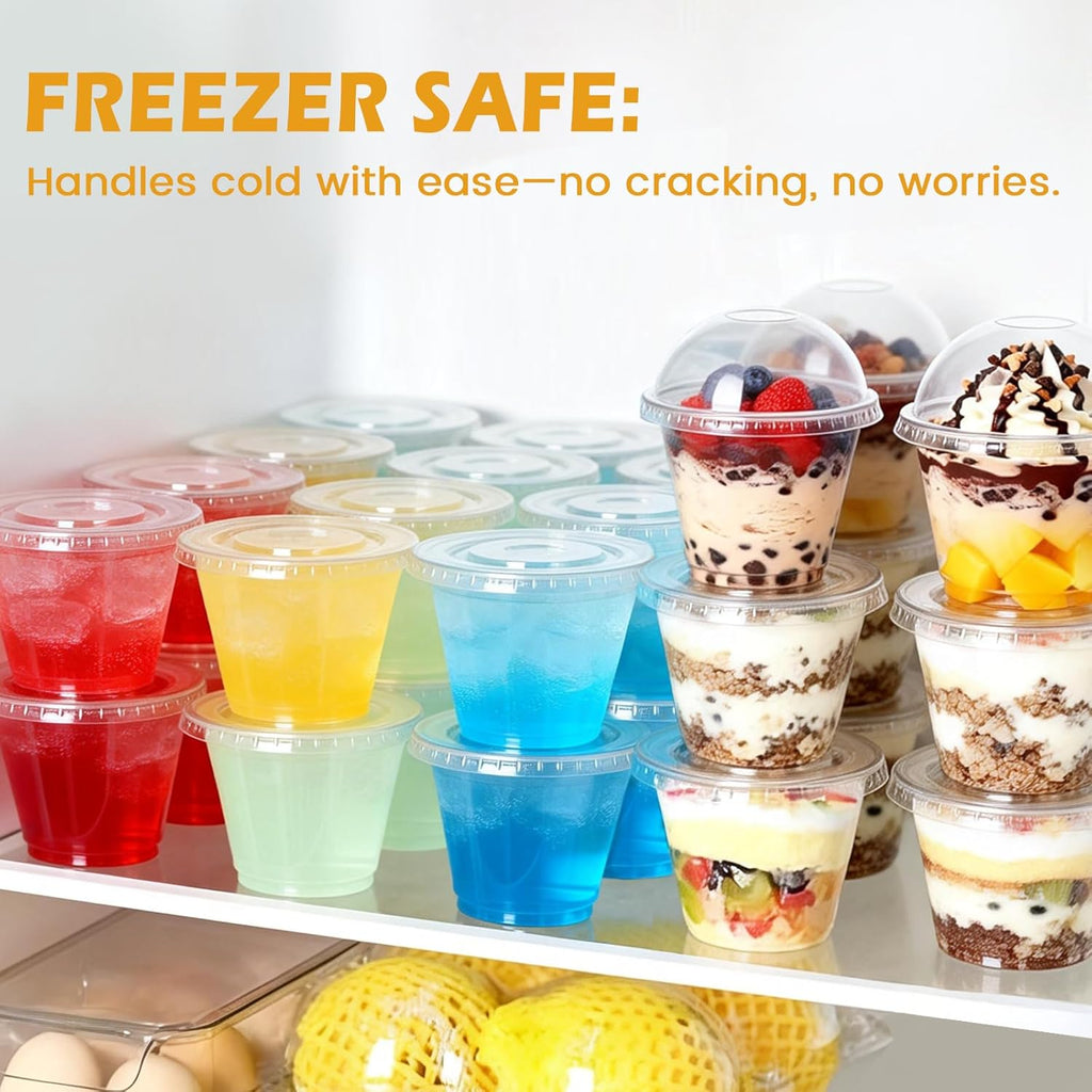 Lamosi 50/200 Pack 9oz Clear Plastic Cups with Dome Lids, Disposable Dessert Cups with Lids, Dessert Cups for Pudding