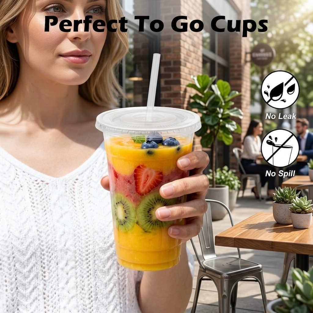 Lamosi 100 Pack 16 /20/24 oz Clear Plastic Cups with Lids and Straws, Disposable Plastic Coffee Cups with Lids for Iced Coffee, PET Food-Grade Material